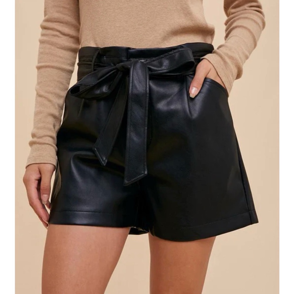 Topshop Black Faux Leather High-Waist Paperbag Shorts